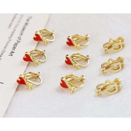 Gold Copper Enamel Heart 10pcs/lot For NO Piercing Earrings Clips Blank Base Settings Craft for DIY Ear Jewelry Making