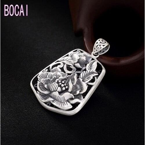 2019 New 100% real S990 pure silver jewelry carved peony Thai silver ethnic wind lady sweater pendant womans silver pendant