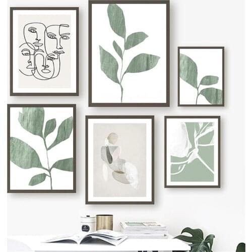 Abstract Green Leaves Geometric Face line Nordic Posters And Prints Wall Art Canvas Painting Wall Pictures For Living Room Decor