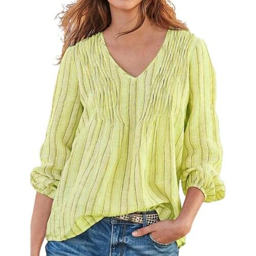 Plus Size Blouse Women Pleated Stripe Autumn Female Shirts Solid Color V Neck Loose Office Lady Elegant Blouses Top Blusas