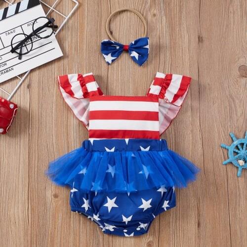 Independence Day Baby Clothing Toddler Baby Girls 4th-of-July Sleeveless Stars Striped Printed Backless Mesh Romper+Headband