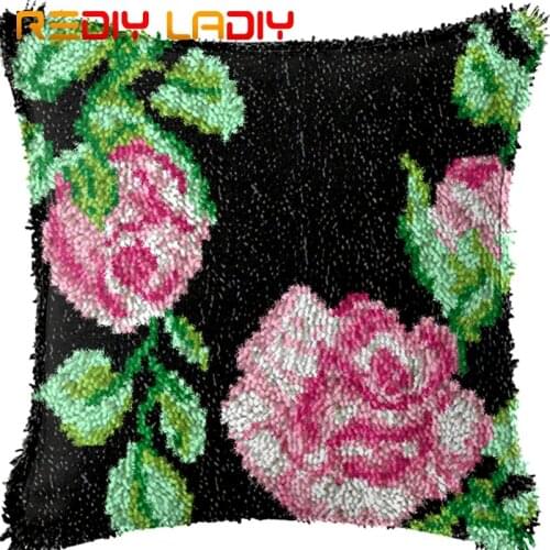 Latch Hook Cushion Bloom Rose Pillow Case Pre-Printed Color Canvas Acrylic Yarn Latched Hook Pillow Crochet Cushion Cover Kits