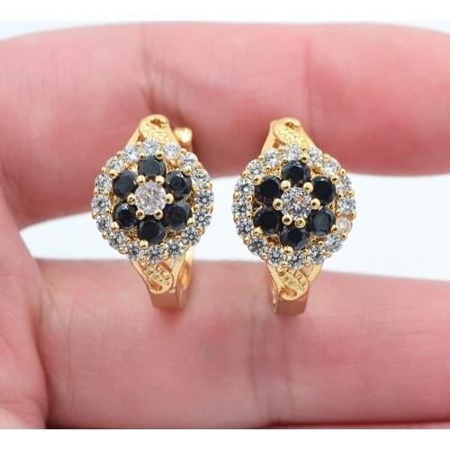Gold Color Fashion Black CZ Flower Huggie Hoop Earrings for Women