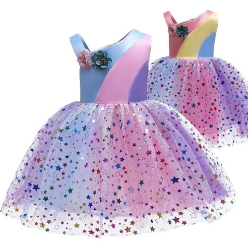 New Fashion Summer Rainbow Mesh Princess Dress Cute Kids Baby Girl Star Party Dresses for Kids Flower Princess Girls Dress