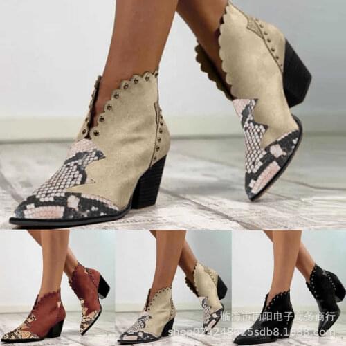 New European and American Pu riveted leather stitching low tube pointed thick heel high heel short boots in summer 2020
