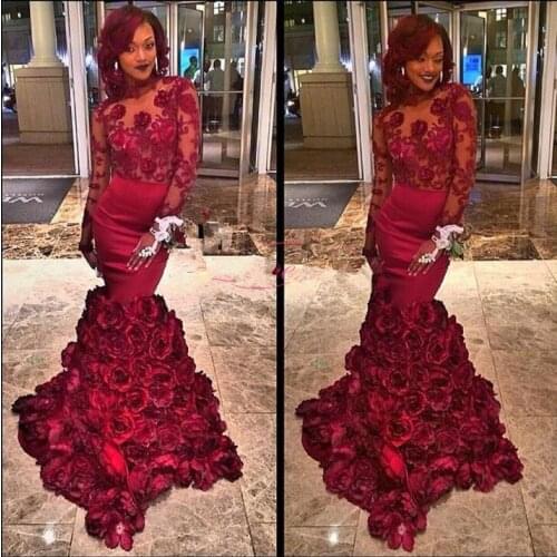 Sexy Backless Mermaid Burgundy Flowers red Prom Dresses Custom Made Long Sleeve Flower Cheap Dress Party Evening Gowns 2015