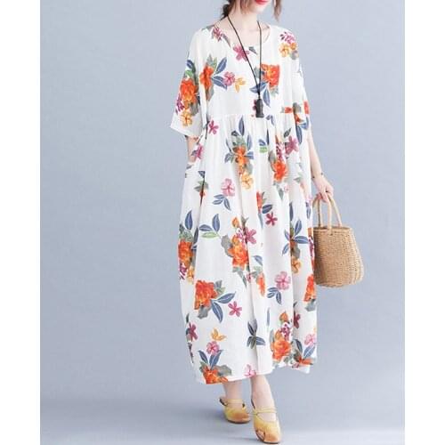 Plus Size Dresses For Women 4XL 5XL 6XL Maxi Robe Femme Batwing Dress Oversize Floral Printed Cotton Linen Boho Dresses Vestidos