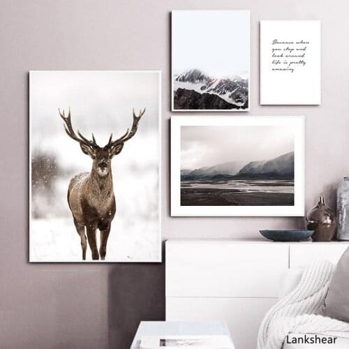 Scandinavian Decoration Canvas Poster Nordic Style Print Deer Mountain Nature Art Painting Modern Wall Picture for Living Room
