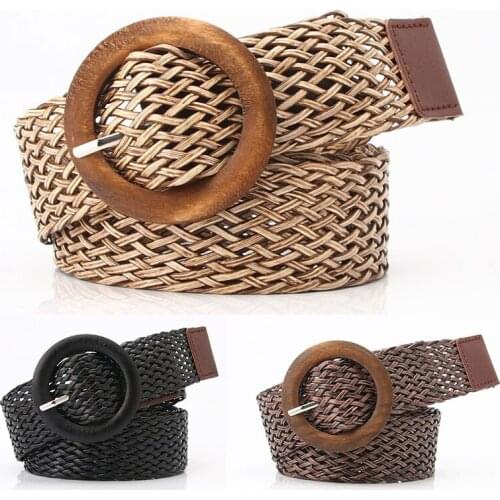 Braided Waist Belt Black Coffee Female Belt Vintage Boho Summer Fashion Round Wooden Smooth Buckle Hollow Breathable Wide Belt