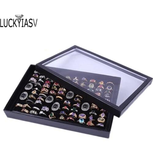 100 Slot Black Velvet Sponge Ring Display Box Cardboard Jewelry Storage Case Holder Showcase Ring Cufflink Jewelry Tray With Lid