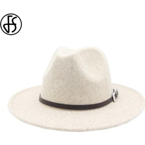 FS Beige White Fedora Hat Women Wool Felt Hats Men Wide Brim Jazz Church Panama Hat Black Gentleman Sombrero Cap Leather Ribbon