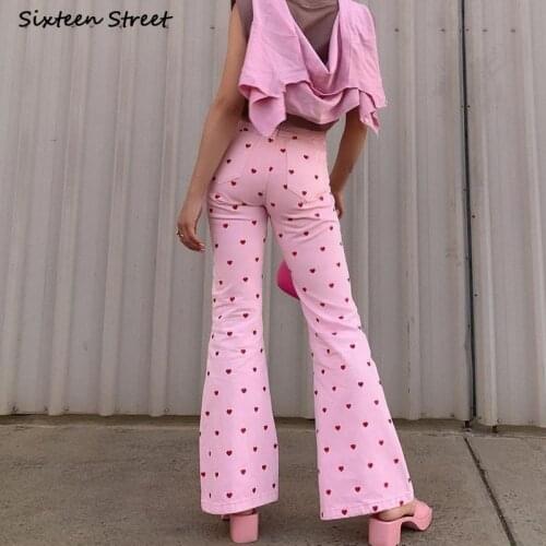 Streetwear Pink Flare Pants Woman 2021 High Waist Y2k Pants Female Love Korean Clothes Bell Bottom Pants Woman Trousers Summer