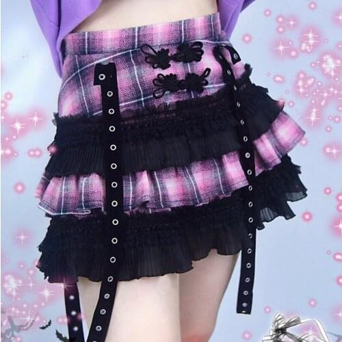 Japanese Harajuku Girls Pink Plaid High Waist Pleated Skirts Ball Gown Punk Sweet Lolita Cake Mini Skirt Y2K Fashion Women Skirt