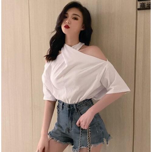 Women White Cross Choker Tshirt Backless Office Lady Sexy Off Shoulder Three Quarter Sleeve Female Shirts