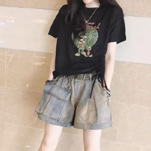 Womens Suits Denim Shorts Suits Drawstring Loose T-shirt Elastic Waist Denim Short Pants Oversized Two Piece Set 2021 Summer New