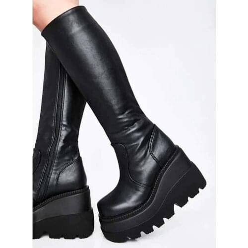 RIBETRINI ladies fashion platform boots chunky heel wedges mid calf women boots casual brand thick bottom winter shoes woman