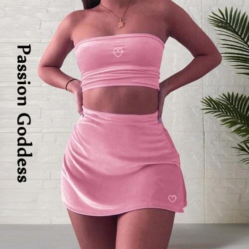 2 Piece Pink Velvet Party Women Sets Cute Love Heart Hot Drilling Outfits Strapless Tube Tops High Waist Skirts Two Piece Suits