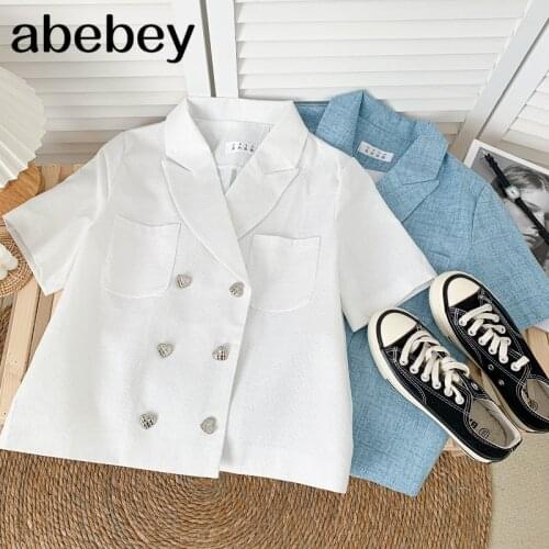 Temperament turn-down collar short sleeve Blazer love double breasted double pocket solid short Suit Top 2021 New Summer