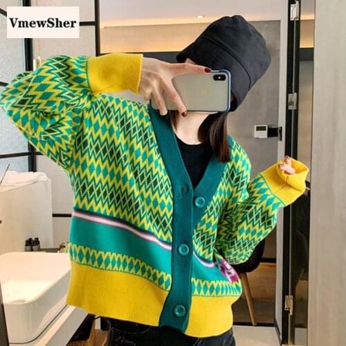 VmewSher Argyle Knitted Loose Women Sweater 2020 Winter New Single Breasted Female Candigan Casual Long Sleeve Plaid Sweater Top