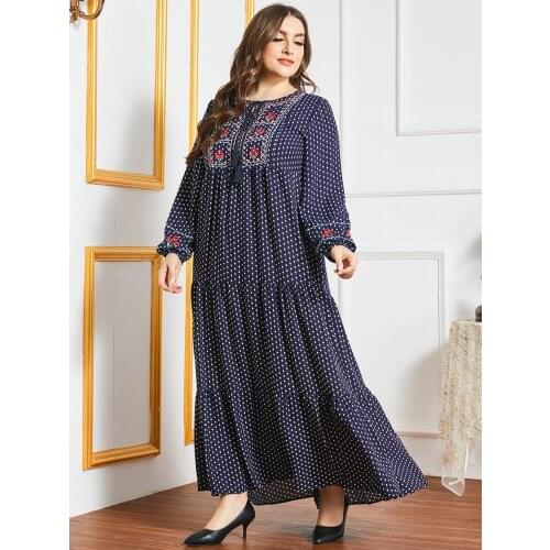 Indie Folk Floral Embroidery Dot Maxi Dress for Women Fall 2021 Elegant O Neck Long Sleeve Plus Size Arabic Clothes New
