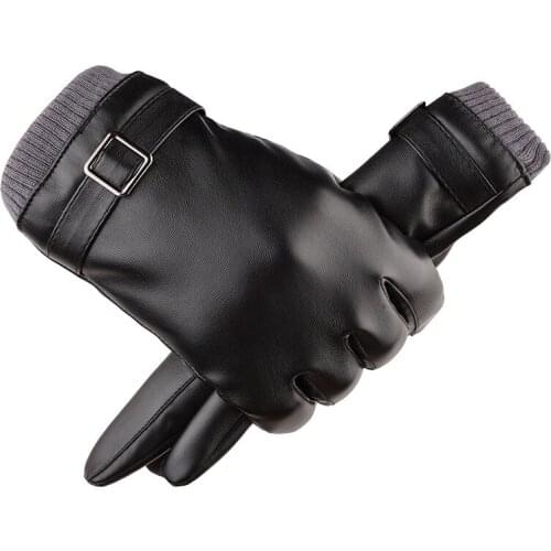 1PAIR Black PU Leather Gloves Male Full Finger Thicken Driving Gloves Winter Touch Screen Warm Windproof Mittens Luvas WA 023