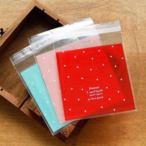 100pcs Cookies Biscuits Bags Self-adhesive Plastic Bags White Dots Pink Blue Wedding Cellophane Candy Bag Gift Packaging Bags