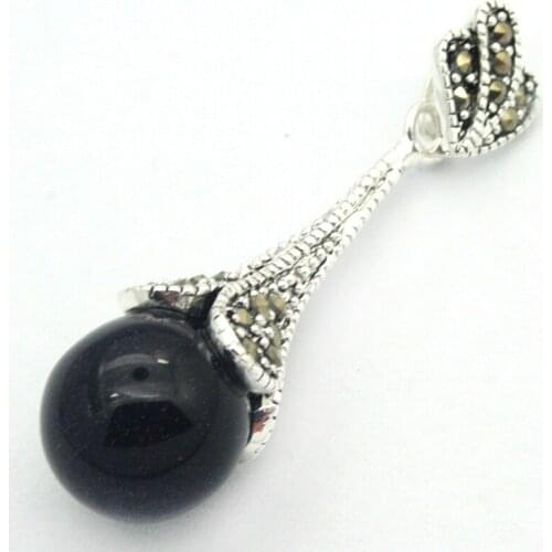 12mm Natural Blue Sand jade Round Bead 925 Sterling Silver Marcasite Pendant