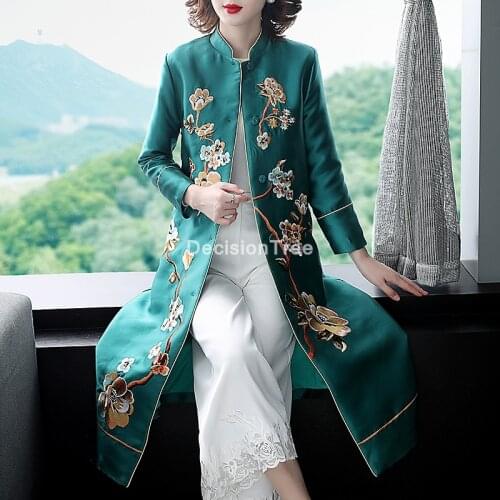 2021 chinese traditional cheongsam floral embroidery robe stand collar tang robe dress modern long qipao wind coat