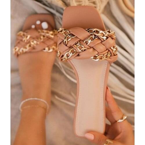 2021 fashion sexy summer new roman style cross chain square toe open toe solid color flat outdoor female slippers