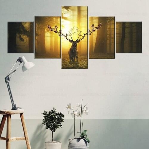 5 Panel Wild Animal Picture Deer in The Autumn Forest Canvas Nordic Decorative Wall Art Poster Animal Artwork Living Room
