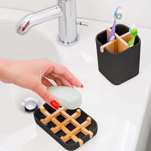 Bamboo Soap Holder and Toothbrush Holder Bundle Natural Durable Soap Dish and Toothbrush Caddy Eco Friendly Mould