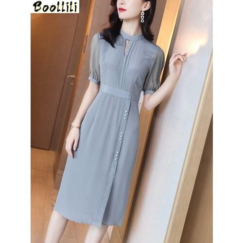 Boollili 100% Real Silk Summer Dress 2020 Vintage Elegant Midi Office Dress Women Clothes High Quality Ladies Dresses Vestidos