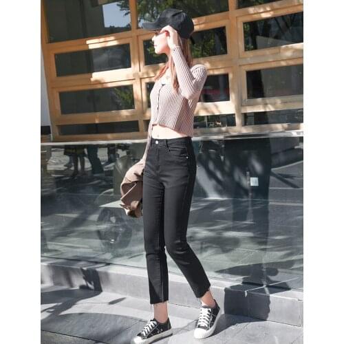 Jeans Womens Fashion Temperament Slim Slim High Waist Wide Legs Cropped Raw Edge Stretch Pants Courtyard Straight Casual Pants