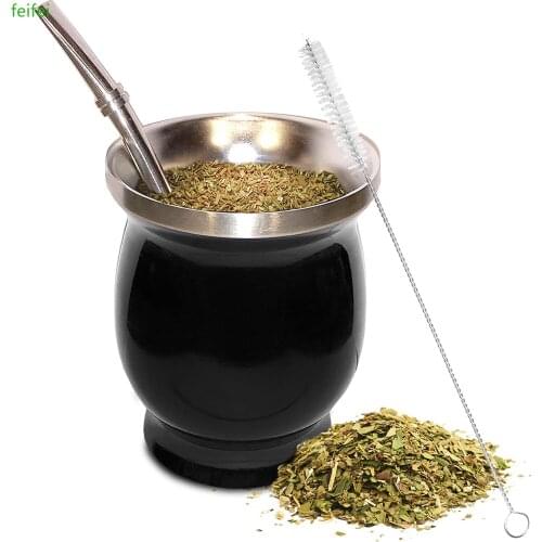 Yerba Mate Natural Gourd/Tea Cup Set 8 Ounces Bombillas Yerba Mate Straw,Cleaning Brush,Stainless Steel,Double-Walled,Easy Clean