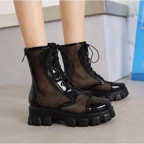 Patent Leather Lace Up Boots Autumn and Summer New Martin Boots Womens Thick Heel Womens Retro British Style Boots Summer Shoes