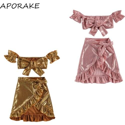 2021 0-6Y Fashion Kids Baby Girl Clothing Gold Silk Sleeveless Crop Tops with Bowknot Ruffle Skirt for Summer Formal Party Ball