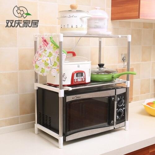 Shuangqing Stainless Steel Multifunctional Microwave Storage Rack Kitchen Organizer Floor Double Layer Oven Shelf