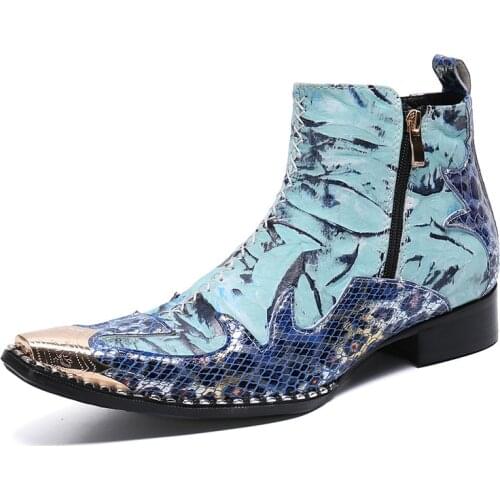 Mens Platform Boots Classic Fashion Shoes Crocodile Pattern Pointed Toe Cowhide Color Matching Retro Mens Cowboy Boots
