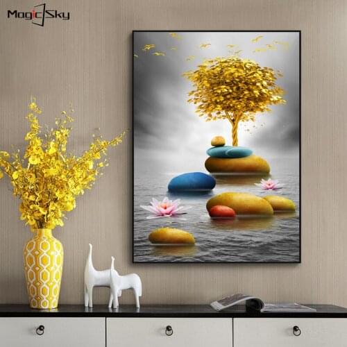 Golden Tree Stone Landscape Luxury Modern Wall Art Canvas Painting Aesthetic Room Decor Bedroom Home Decoration Murale Chambre