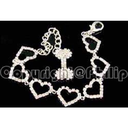 New linked rhinestone hearts and bone charm pets collar ornament necklace fashion jewely accessory 3pcs lot
