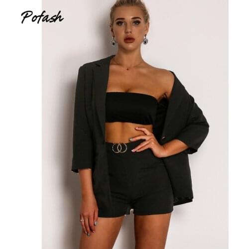 Pofash Black Work OL Slim Jacket And Shorts Women V Neck Button Pocket Two Pieces Outfits Female Long Sleeves Spring Blazer 2021