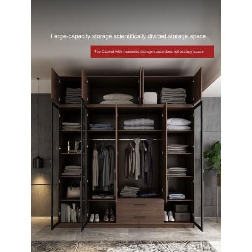 Simple bedroom glass door wardrobe Modern lightweight assembly walnut-colored wardrobe lockers