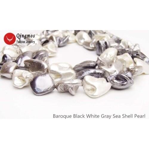 Qingmos 15*20mm Baroque Black White Gray Sea Shell Pearl Beads for Beadwork Necklace Bracelet Earring DIY 15'' Loose Strands 826