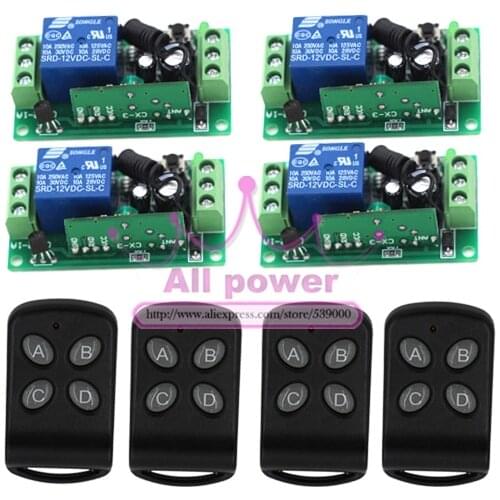 DIY!New Free Shipping DC 12V 10A 1CH Learning Code RF Wireless Remote Control Switch Systems 4 Receivers 4 controllers