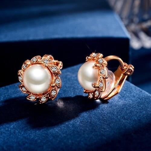 New Vintage Rose Gold Color No Hole Piercing Clip Earrings Exquisite Mosaic Top Zircon Pearl Flower Earrings For Women Jewelry