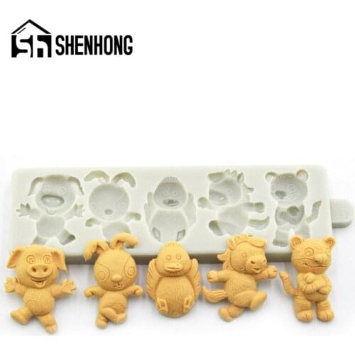 SHENHONG Silicone Fondant Cake Mold Zodiac Animals Pig Rabbit Chick Horse Tiger Biscuits Chocolate Sugar Craft Decorating Mould