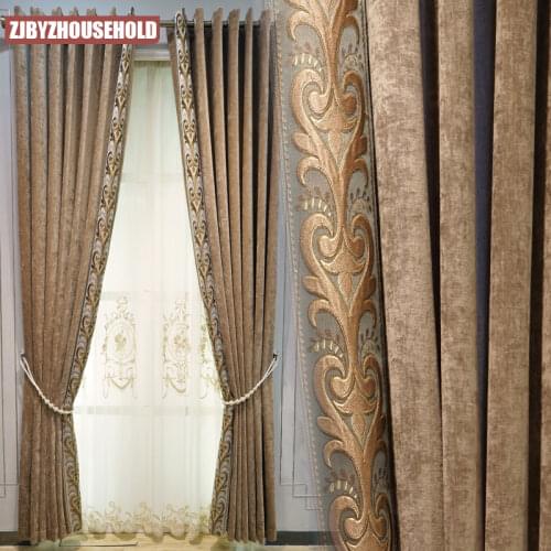 Custom European Style Curtains Luxury Simple Modern Chenille Living Room Embroidered Coffee Cloth Blackout Curtain Tulle Drape