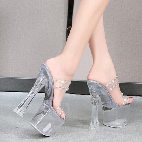 Rhinestone flower transparent semi drag stiletto sandals female 2021 summer new hate high fashion sandals all-match high