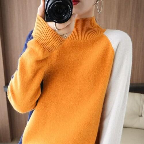 Wool sweater women half high neck cashmere sweater contrast color loose pullover sweater fashion color matching sweater thick
