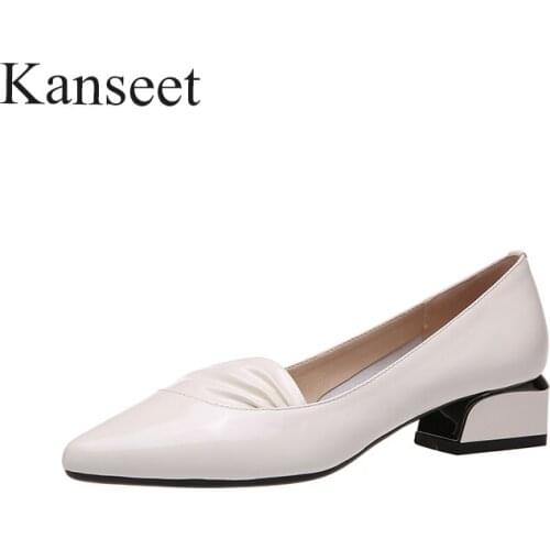Kanseet Mid Heel Women Shoes Wedding Party Dress Patent Leather Pumps Pointed Toe Ladies Shoes Red Soft Female Square Heel Shoes
